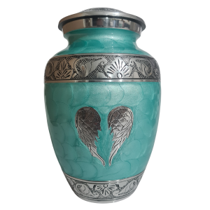 Aqua cremation urn with wings